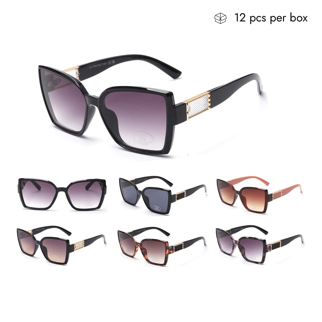 V130129 Women's Plastic Large Cat Eye Sunglasses in Bulk 1 Dozen (12pcs)