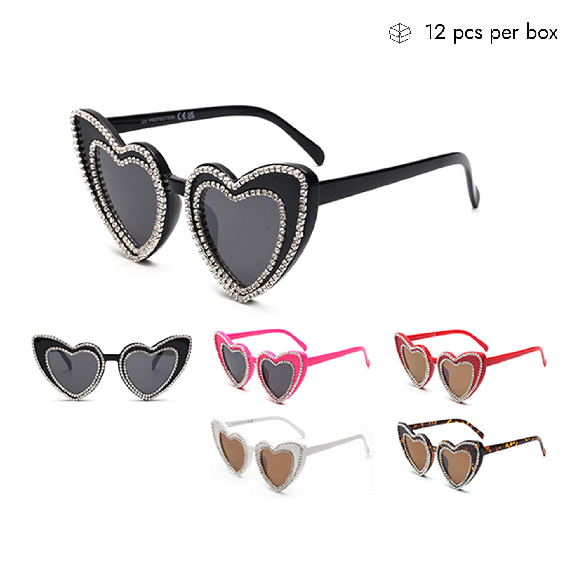 V150016 Heart Shape Plastic Bulky Black Sunglasses 1 Dozen (12pcs)