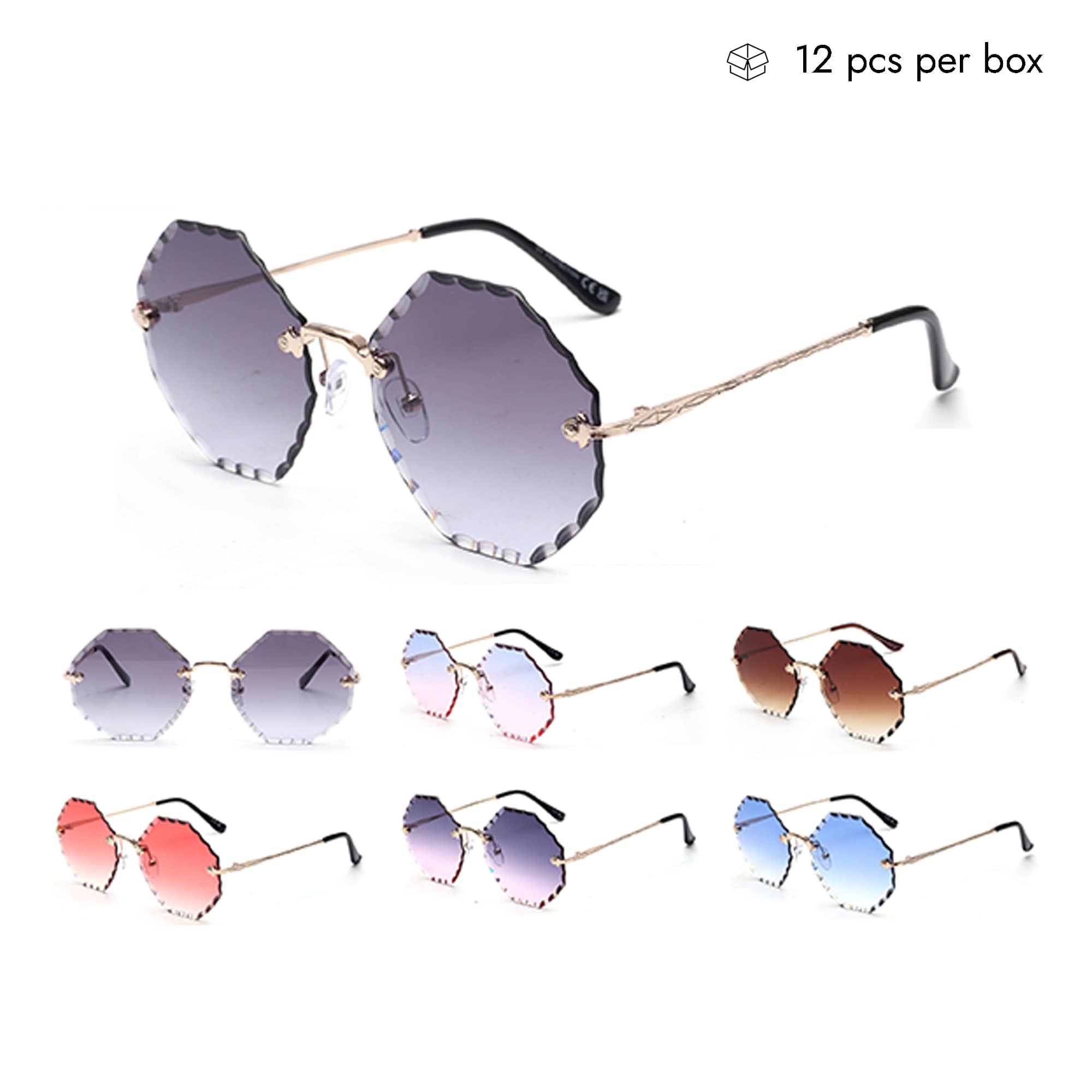 V150018-A Geometric Rimless Sunglasses for Women in Bulk 2 Dozen (24pcs)