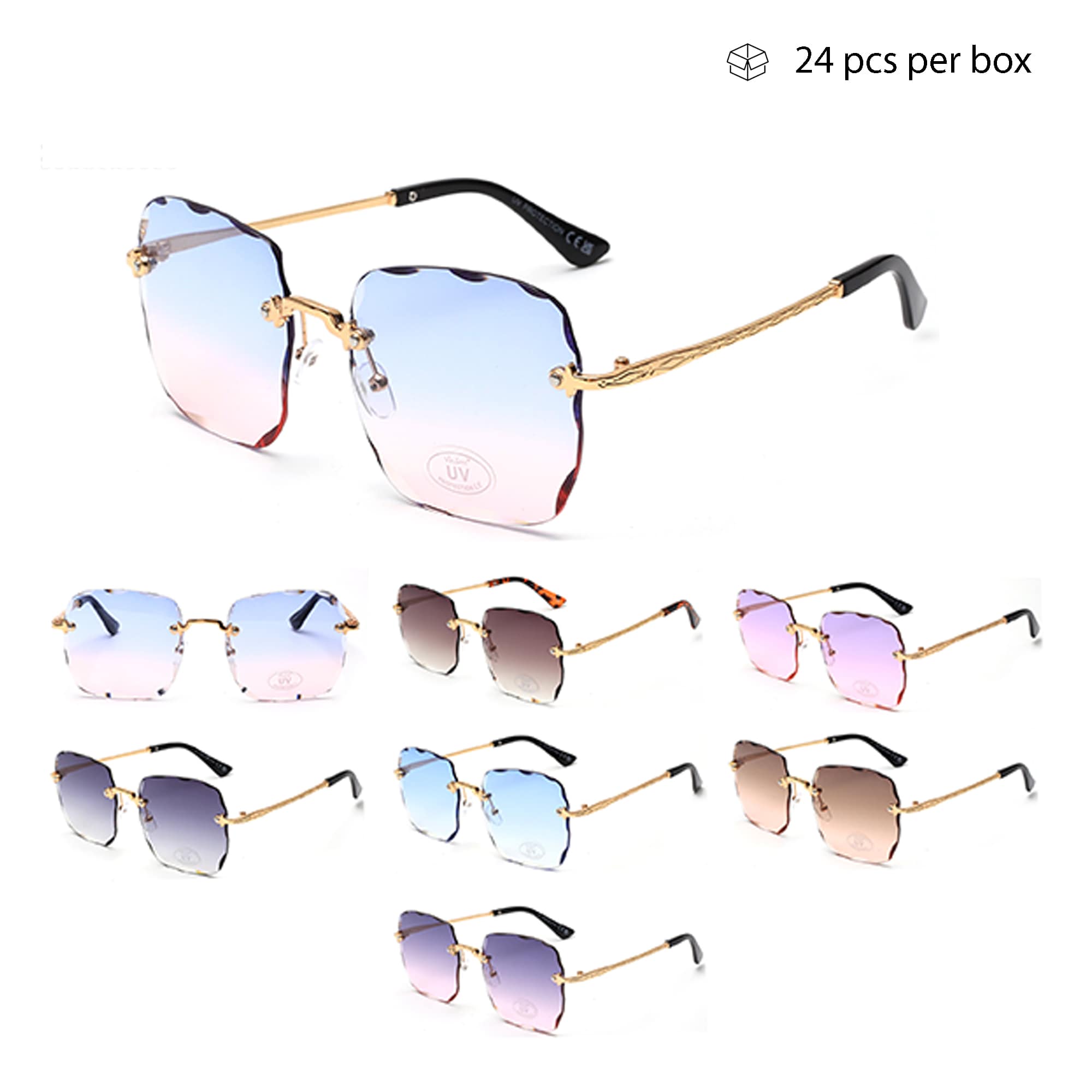 V150019 Wholesale Metal Oversized Square Rimless Sunglasses 2 Dozen (24pcs)