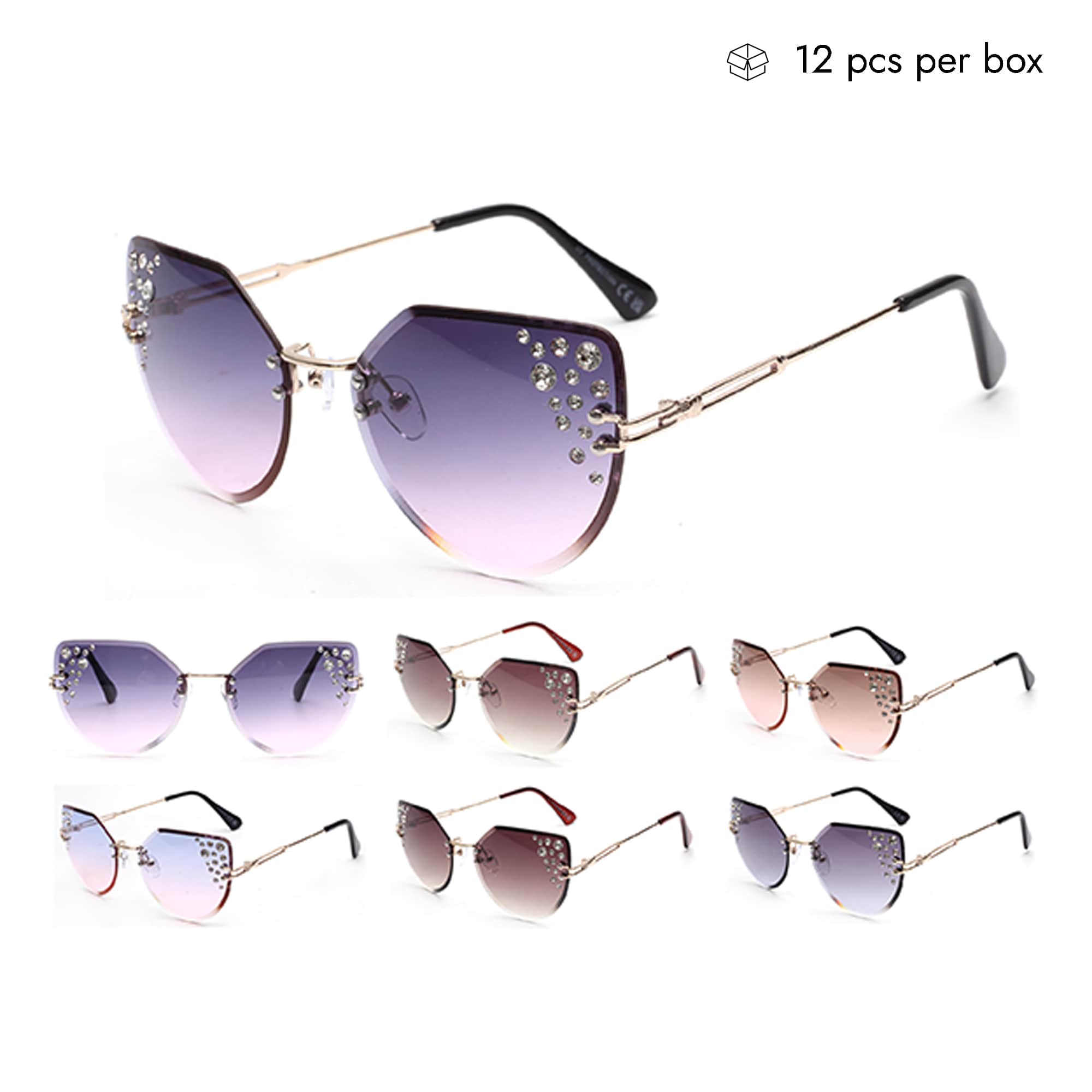 V180025 Women Cat-eye Rimless Rhinestone Sunglasses Wholesale 2 Dozen (24pcs)