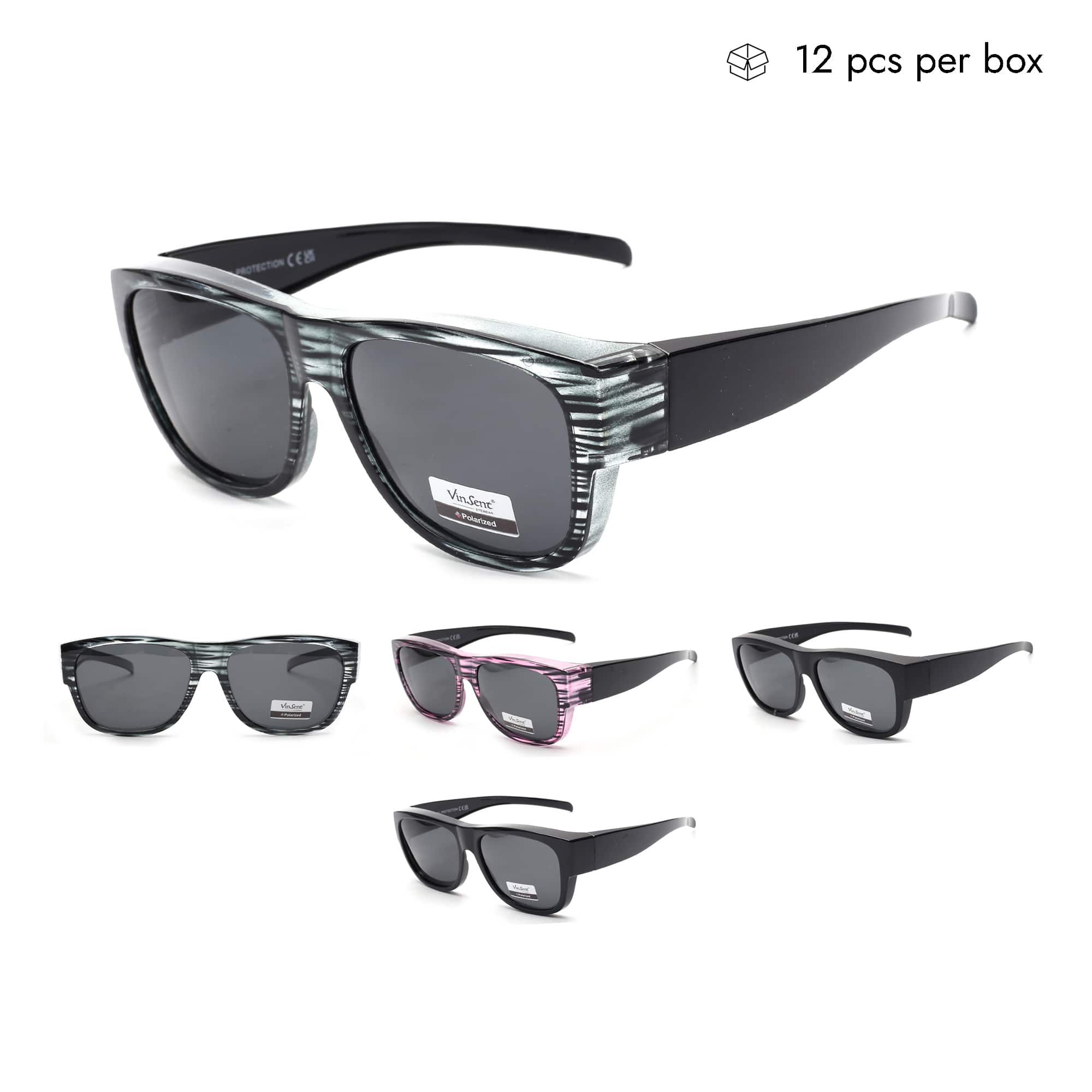 VB1404-FH Unisex Stripe Clip-on Sunglasse for Men in Bulk 1 Dozen (12pcs)