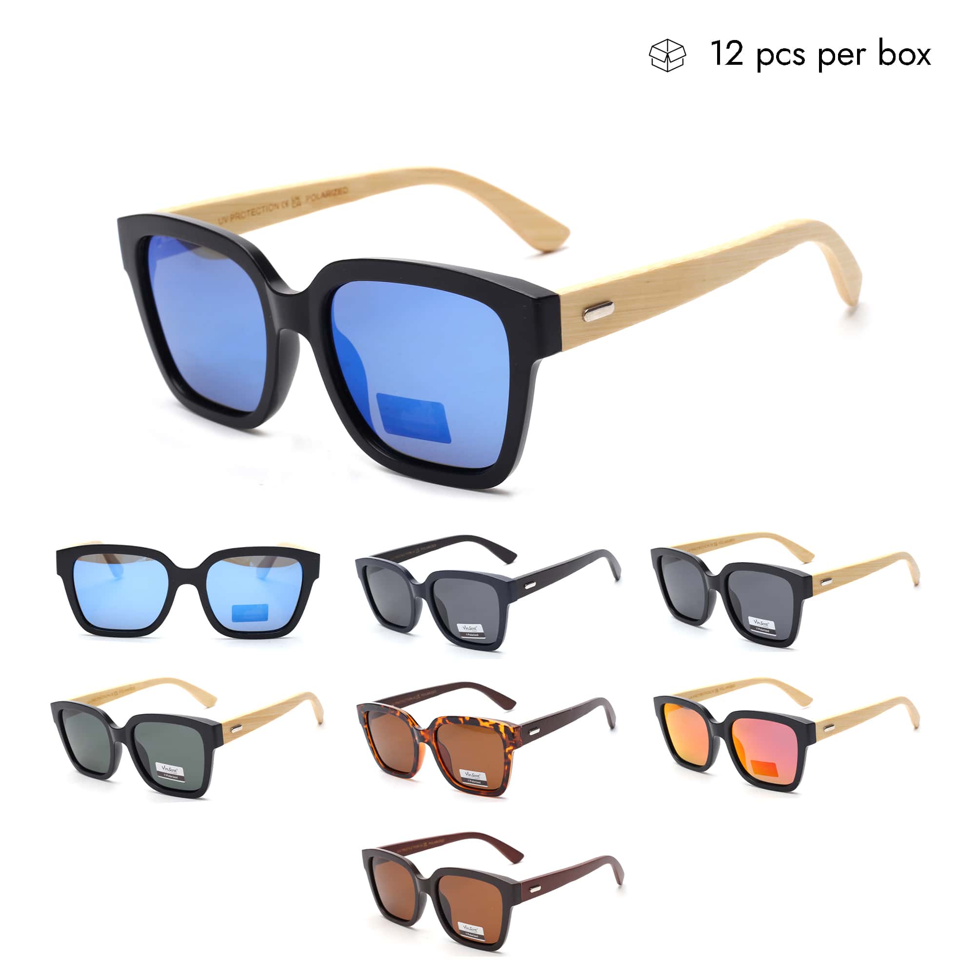 VZB025 Unisex Classic Square Bamboo Sunglasses in Bulk 1 Dozen (12pcs)