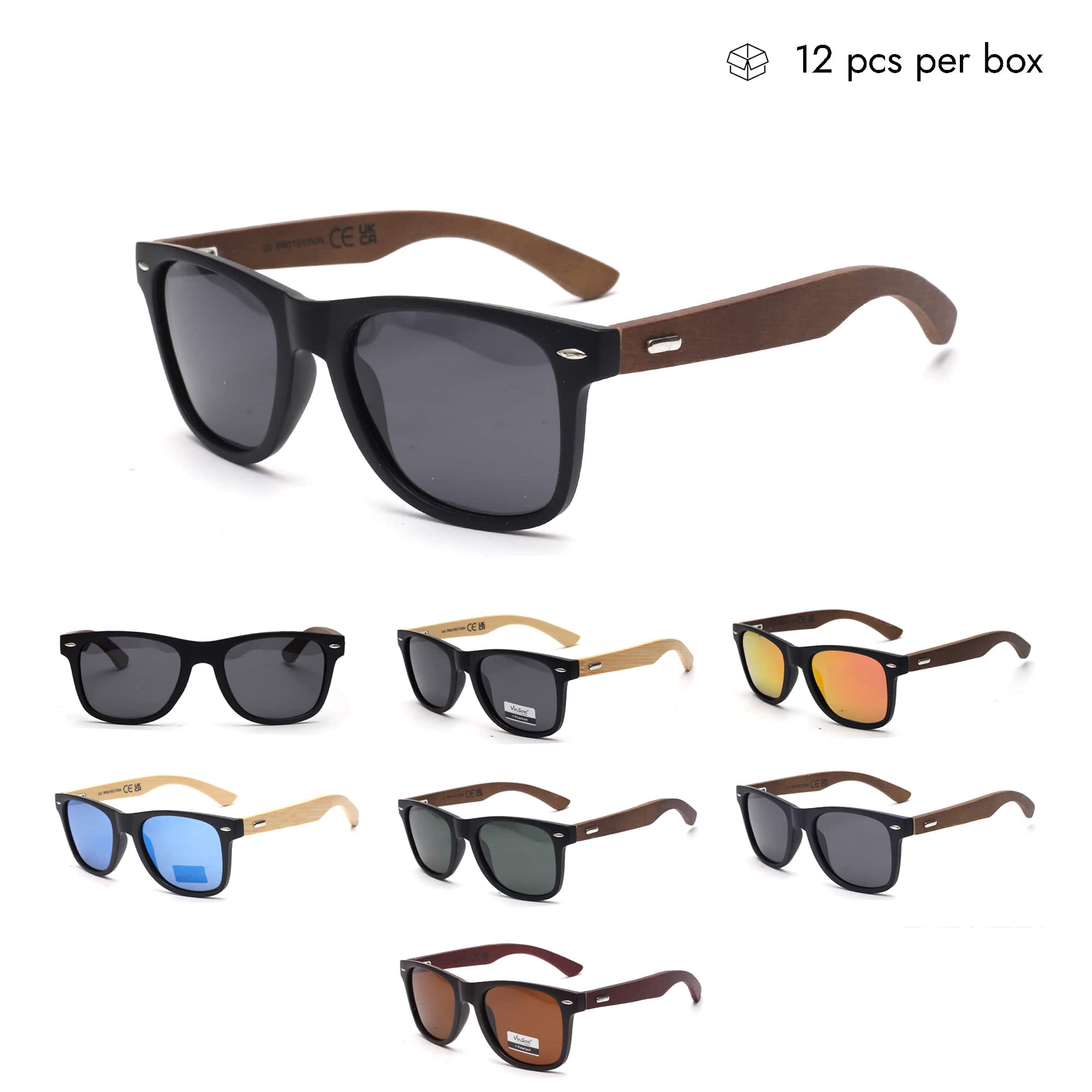 VZB028 Plastic Unisex Wooden Sunglasses in Bulk 1 Dozen (12pcs)