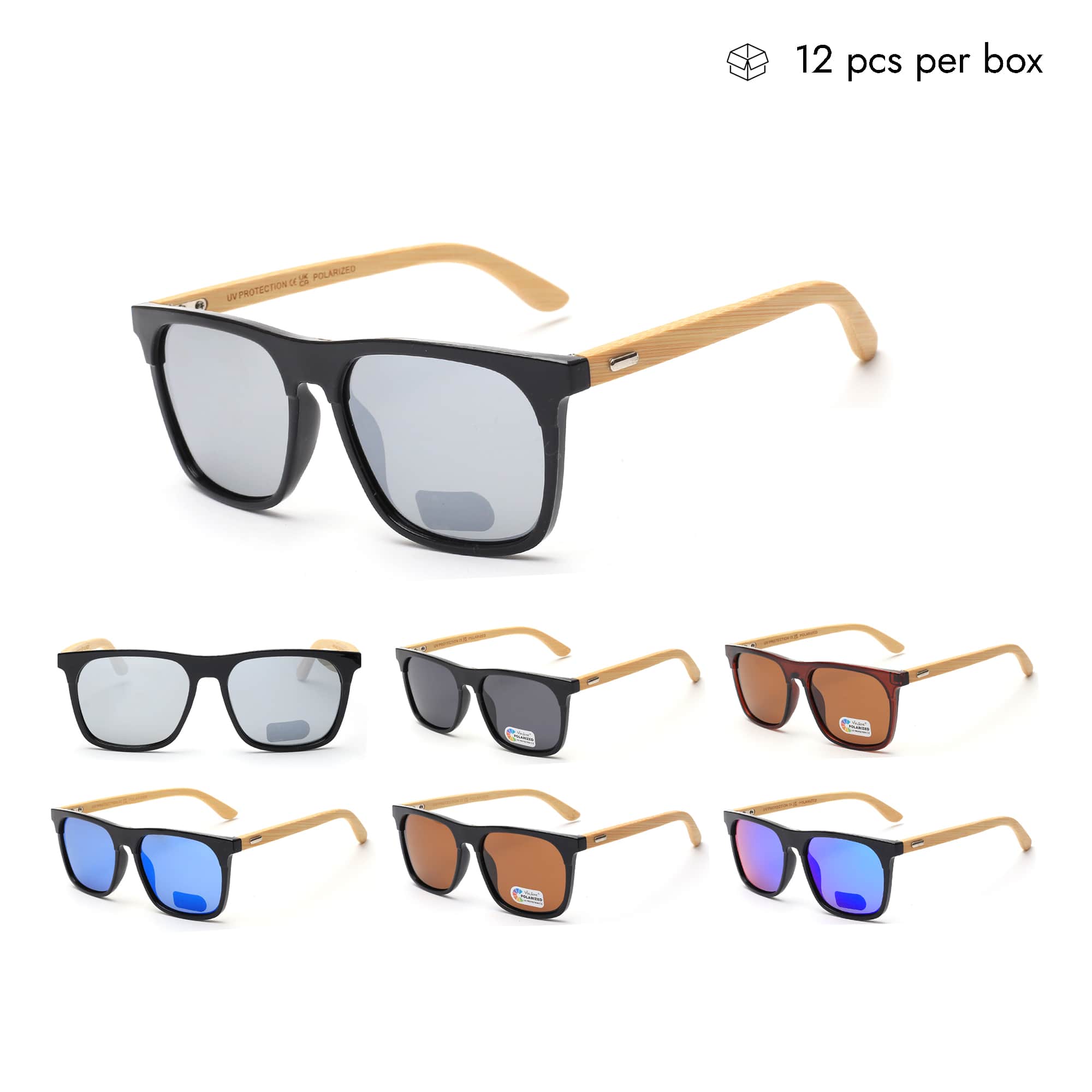 VZB042 Wholesale Bamboo Square Retro Sunglasses Mens 1 Dozen (12pcs)